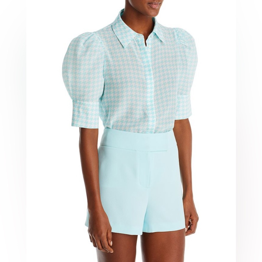 NWT Alice + Olivia Houndstooth Willa Scrunch Puff Sleeve Silk Blouse Top M